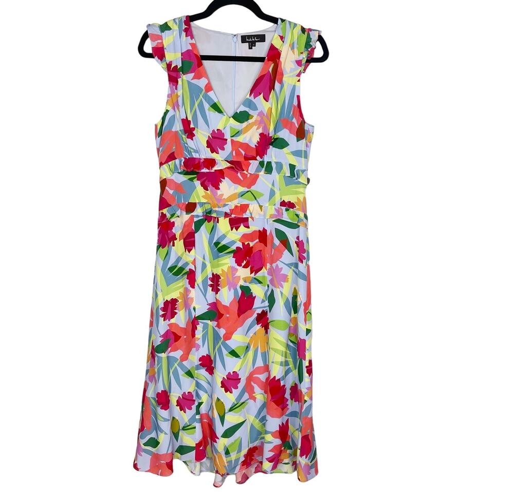 Nicole Miller Small Blue Pink Floral Oasis Silk Ruffle Midi Dress VNeck Cocktail